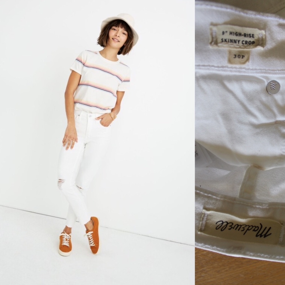 Madewell NWOT Petite High Rise Skinny Crop Jeans in Pure White Knee-Rip Edition